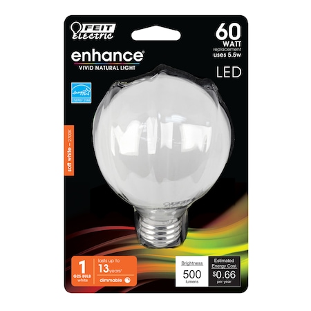 Feit Electric Feit Enhance G25 E26 (Medium) LED Bulb Soft White 60 Watt Equivalence 1 pk BPG2560W927CAFL